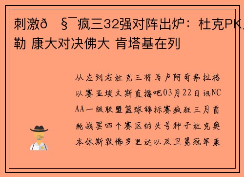 刺激🧯疯三32强对阵出炉：杜克PK贝勒 康大对决佛大 肯塔基在列