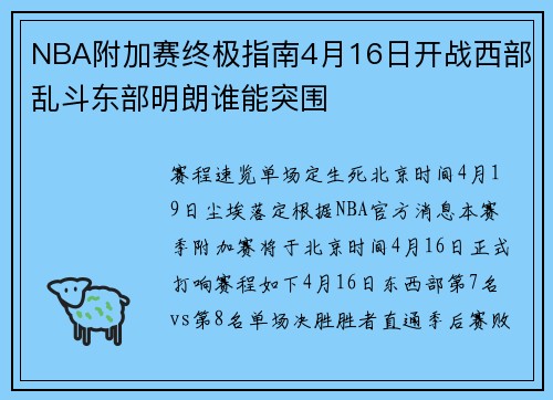 NBA附加赛终极指南4月16日开战西部乱斗东部明朗谁能突围