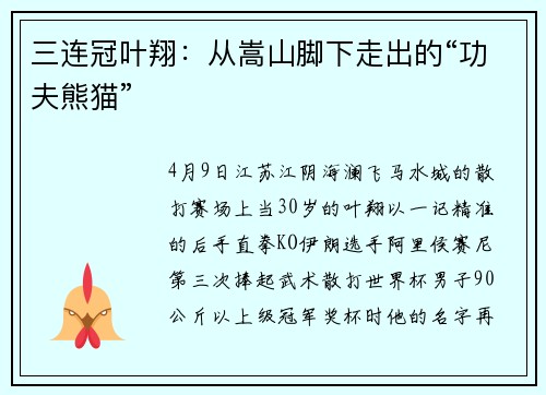 三连冠叶翔：从嵩山脚下走出的“功夫熊猫”