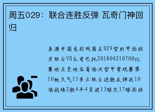 周五029：联合连胜反弹 瓦奇门神回归